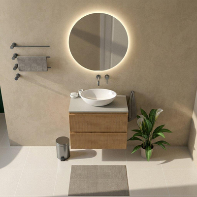 Saniclass Holz Atelier Ensemble meuble de salle de bains - 80x45x62.5cm - Plan supérieur Torino en solid surface blanc - sans trou de robinet - 2 tiroirs - chêne naturel mat (bois)