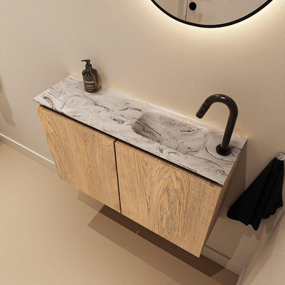 MONDIAZ TURE-DLUX Meuble de toilette 80cm Washed Oak. Lavabo EDEN Glace position à droite. Avec 1 trou de robinet.