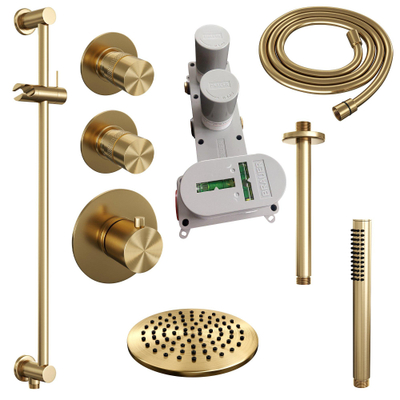 Brauer Gold Edition Ensemble de douche pluie encastré - douche principale 20cm - bras plafond 20cm - 3 boutons lisses - 1 position douchette à main PVD - or brossé