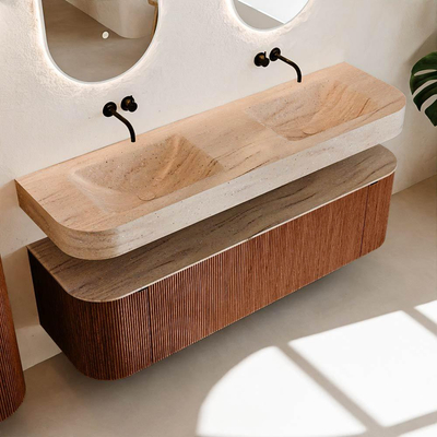 MONDIAZ THOR-DLUX 160cm meuble de salle de bains arrondi gauche + droite couleur Ruby avec 1 tiroir et 2 portes. Vasque suspendue CLOUD Double sans trou de robinet couleur Saba.