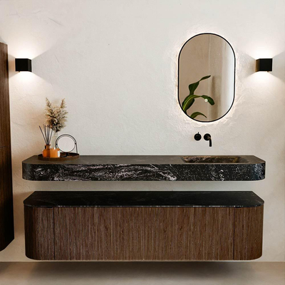 MONDIAZ THOR-DLUX 180cm meuble de salle de bains arrondi gauche + droite couleur Walnut avec 2 tiroirs et 2 portes. Vasque suspendue CLOUD Droite sans trou de robinet couleur Lava.