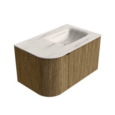 MONDIAZ KURVE-DLUX Meuble de salle de bains 75cm arrondi à gauche couleur Dusk avec 1 tiroir et 1 porte. Lavabo GRUNNE à droite 1 trou de robinet Meli.