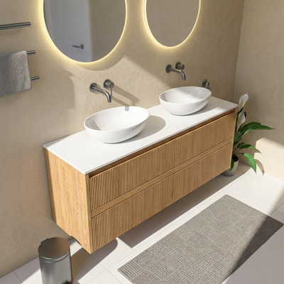 Saniclass Holz Atelier Badkamermeubelset - 160x45x62.5cm - Torino solid surface topblad wit - zonder kraangat - 4 lades - mat eiken natural (hout)