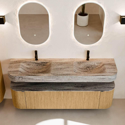 MONDIAZ THOR-DLUX 170cm badmeubel ronding links + rechts kleur Oak met 1 lade en 2 deuren. Vrijhangende wastafel CLOUD Dubbel 2 kraangaten kleur Oza.