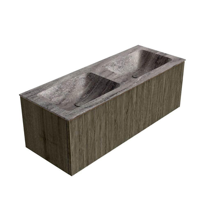 MONDIAZ KURVE-DLUX meuble de salle de bains 120cm couleur Shadow avec 1 tiroir et 0 porte. Lavabo LEAF Double sans trou de robinet Oza.