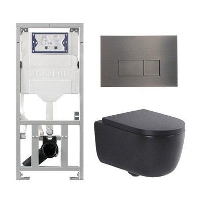 QeramiQ Dely Swirl Ensemble WC- 36.3x51.7cm - Réservoir encastré Geberit UP320 - Abattant de 35mm d'épaisseur - Plaque de commande en gunmetal - Boutons rectangulaires - Noir mat