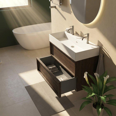 Saniclass Holz Frame Ensemble meuble de salle de bains - 100x45x72cm - lavabo Legend en céramique blanc mat - 1 vasque - 2 trous de robinetterie - 2 tiroirs - chêne charcoal mat (bois)