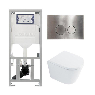 QeramiQ Dely Toiletset - 36.3x51.7cm - diepspoel - rimless - Geberit UP320 inbouwreservoir - met Burda frame - softclose toilet zitting 35 mm - steel bedieningsplaat - ronde knoppen - wit glans