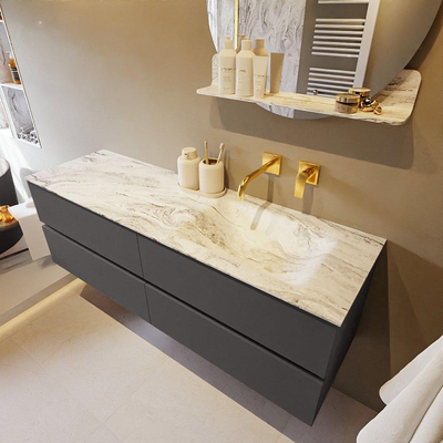 Mondiaz VICA-DLUX Ensemble de meuble de salle de bain - 150cm - meuble sous-vasque gris foncé - 4 tiroirs - lavabo encastré cloud droite - sans trous de robinet - version haute de 60cm - glace