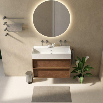 Saniclass Holz Frame Ensemble meuble de salle de bains - 100x45x72cm - Legend lavabo en céramique blanc mat - 1 vasque - 2 trous de robinetterie - 2 tiroirs - walnut pure mat (bois)