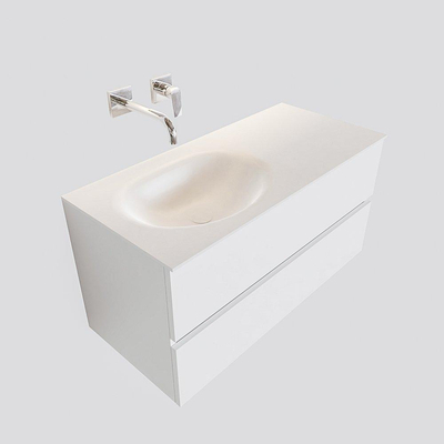 MONDIAZ VICA Ensemble de meuble salle de bain - 100cm - 2 tiroirs - lavabo Moon gauche - 0 trous de robinet - solid surface talc
