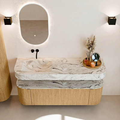 MONDIAZ THOR-DLUX 150cm badmeubel ronding links + rechts kleur Oak met 1 lade en 2 deuren. Vrijhangende wastafel CLOUD Links zonder kraangat kleur Glace.