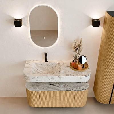 MONDIAZ THOR-DLUX 110cm badmeubel ronding links + rechts kleur Oak met 1 lade en 2 deuren. Vrijhangende wastafel CLOUD Links 1 kraangat kleur Glace.