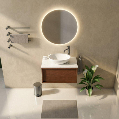 Saniclass Holz Frame Ensemble meuble de salle de bains - 80x45x43cm - Plan vasque en marbre Dia poli (blanc) - 1 trou de robinetterie - 1 tiroir - walnut pure mat (bois)