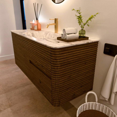 Mondiaz CIRO-DLUX Ensemble de meuble de salle de bains - 120x45x50cm - vasque solid surface Glace - 1 lavabo au milieu - 1 trou de robinet - 2 tiroirs - Dusk