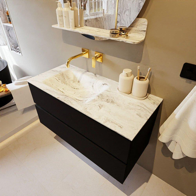 Mondiaz VICA-DLUX Ensemble de meuble de salle de bain - 100cm - meuble sous-vasque urban - 2 tiroirs - lavabo encastré cloud gauche - sans trous de robinet - version haute de 60cm - glace