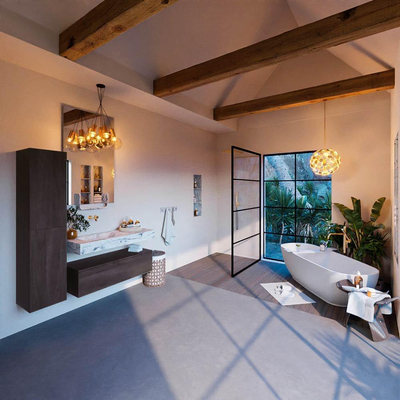 Mondiaz ALAN-DLUX Ensemble de meuble de salle de bains - 150x46cm - 1 tiroir - lavabo suspendu - sans trous de robinet - 1 à gauche - Dark brown (chêne foncé)