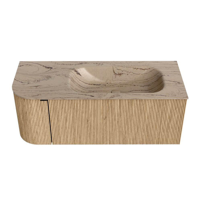 MONDIAZ KURVE-DLUX meuble de salle de bains 115 cm arrondi à gauche couleur chêne avec 1 tiroir et 1 porte. Lavabo BIG SMALL à droite 1 trou de robinet Arena.