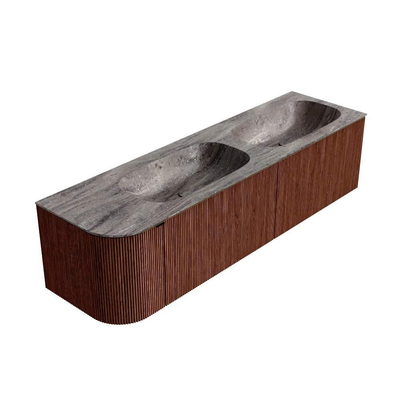 MONDIAZ KURVE-DLUX Meuble de salle de bains 165cm arrondi à gauche couleur Ruby avec 2 tiroirs et 1 porte. Lavabo STOR SMALL Double / Droite 2 trous de robinet Oza.