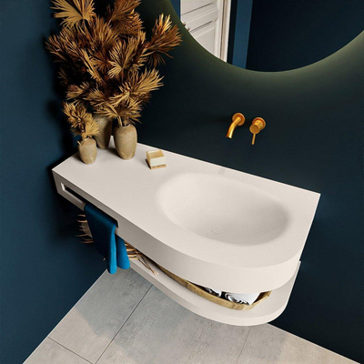 MONDIAZ RIVA Badkamermeubelset - 100x50x5.8cm - 0 lades - Linen mat - 0 kraangaten - wasbak rechts - solid surface linen + Mondiaz Click sifon - 6.7cm - ruimtebesparend - rond - Solid surface Linen SHOWROOMMODEL