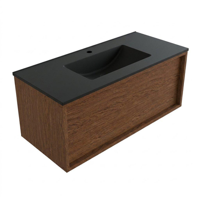 Saniclass Holz Frame Ensemble meuble de salle de bains - 100x45x42cm - Lavabo Vygo en céramique noir - 1 vasque - 1 trou de robinet - 1 tiroir - walnut pure mat (bois)