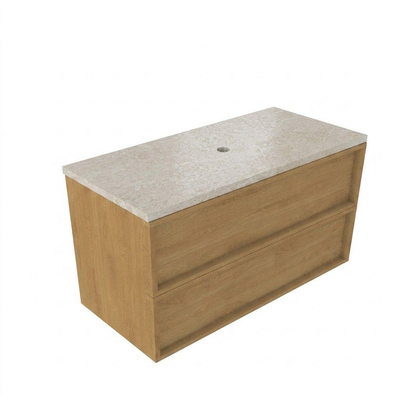 Saniclass Holz Frame Ensemble de meubles de salle de bains - 100x45x63cm - Plan de travail en pierre naturelle travertin - sans trou de robinet - 2 tiroirs - chêne natural mat (bois)