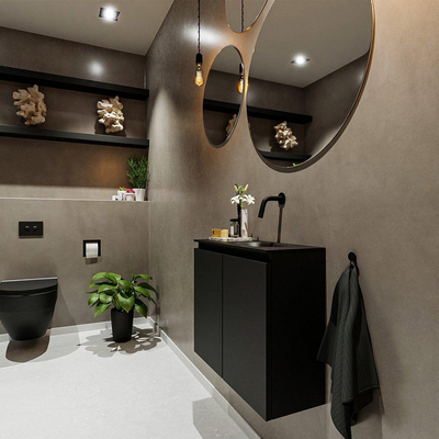 MONDIAZ TURE Fonteinset - 60x23x50cm - 0 kraangaten - 2 deuren - urban mat - Wasbak rechts - Solid Surface Zwart