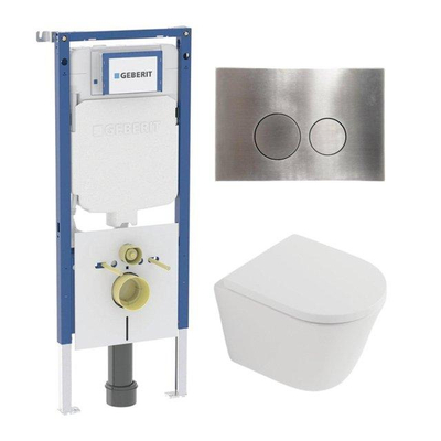 QeramiQ Dely Toiletset - 36.3x51.7cm - diepspoel - rimless - Geberit UP720 inbouwreservoir - softclose toilet zitting 35 mm - steel bedieningsplaat - ronde knoppen - mat wit