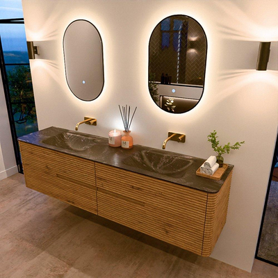 Mondiaz CIRO-DLUX Meuble de salle de bains - 190x45x50cm - lavabo solid surface Lava - 2 vasques double - sans trous de robinet - 4 tiroirs - Chêne