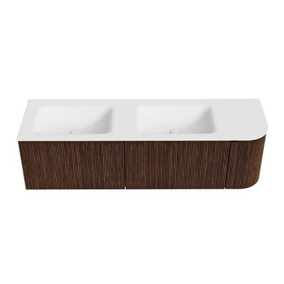 MONDIAZ KURVE Meuble de salle de bains 155cm avec module 25 R couleur Walnut avec 2 tiroirs et 1 porte. Lavabo CLOUD double / gauche 2 trous de robinet Talc.
