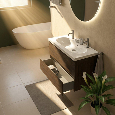 Saniclass Holz Pure Ensemble de meubles de salle de bains - 100x45x63.5cm - lavabo Palermo en céramique blanc - 1 vasque - 2 trous de robinetterie - 2 tiroirs - chêne charcoal mat (bois)