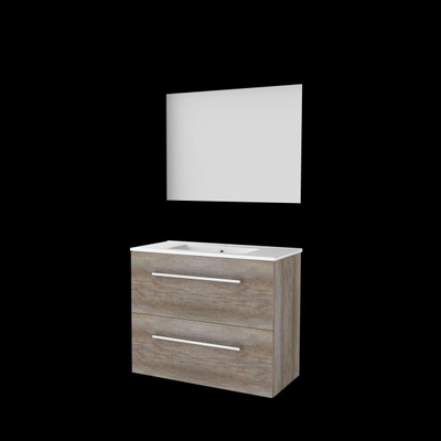 Basic-Line Ultimate 39 ensemble de meubles de salle de bain 80x39cm sans poignée 2 tiroirs lavabo en porcelaine 1 trou de robinetterie miroir éclairage mfc scotch oak