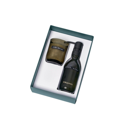 Wellmark Discover coffret cadeau - savon pour les mains et bougie parfumée - dark amber - verre noir fumé