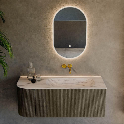 MONDIAZ KURVE-DLUX Meuble de salle de bains 115cm arrondi à gauche couleur Shadow avec 1 tiroir et 1 porte. Lavabo BIG SMALL à droite sans trou de robinet Nata.