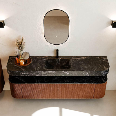 MONDIAZ THOR-DLUX 190cm meuble de salle de bains arrondi gauche + droite couleur Ruby avec 2 tiroirs et 2 portes. Vasque suspendue CLOUD Milieu 1 trou de robinet couleur Lava.