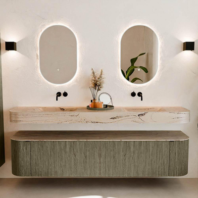 MONDIAZ THOR-DLUX 200cm meuble de salle de bains arrondi gauche + droite couleur Shadow avec 2 tiroirs et 2 portes. Vasque suspendue CLOUD Double sans trou de robinet couleur Arena.