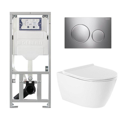 QeramiQ Salina Toiletset - rimless - diepspoel - softclose - quickrelease zitting - Geberit Sigma20 bedieningsplaat glans chroom mat - wit