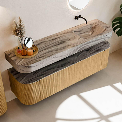 MONDIAZ THOR-DLUX 170cm meuble de salle de bains arrondi gauche + droite couleur Oak avec 1 tiroir et 2 portes. Vasque suspendue CLOUD droite sans trou de robinet couleur Sombra.