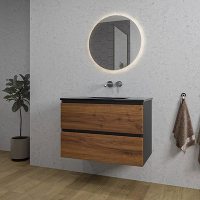 Adema Industrial 2.0 Ensemble de meuble 60x45x55cm vasque en céramique noir sans trou de robinet avec trop-plein bois/noir