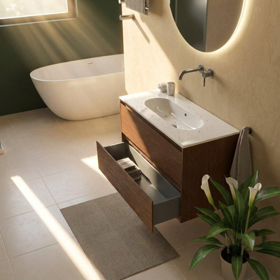 Saniclass Holz Pure Ensemble de meubles de salle de bains - 100x45x73.9cm - lavabo en céramique Chaci blanc - 1 vasque - sans trou de robinet - 2 tiroirs - noyer pure mat (bois)
