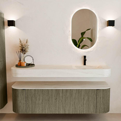 MONDIAZ THOR-DLUX 160cm meuble de salle de bains arrondi gauche + droite couleur Shadow avec 1 tiroir et 2 portes. Vasque suspendue CLOUD Droite 1 trou de robinet couleur Meli.