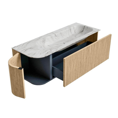 MONDIAZ KURVE-DLUX 125cm badmeubel met module 25 L kleur Oak met 1 lade en 1 deur. Wastafel BIG MEDIUM rechts 1 kraangat kleur Glace.