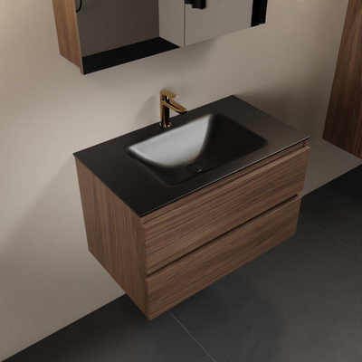 Mondiaz AIVY Ensemble de meuble - 80x45x50cm - 1 trou de robinet - 1 vasque Urban Solid surface - Centre - 2 tiroirs - avec miroir - Melamine Mocha