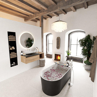 MONDIAZ BUKLA 120cm badmeubel met open module 40 kleur Washed Oak met 1 lade. Wastafel CLOUD links 0 kraangaten kleur Urban.