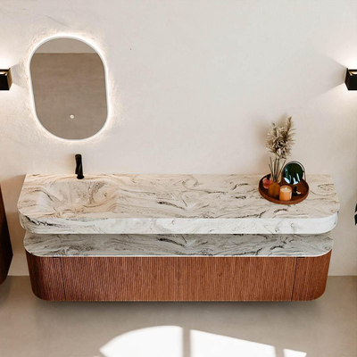 MONDIAZ THOR-DLUX Meuble de salle de bains - 200cm - arrondi gauche + droite - couleur Ruby - 2 tiroirs et 2 portes - Vasque suspendue CLOUD Gauche 1 trou de robinet - couleur Glace