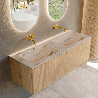 MONDIAZ KURVE-DLUX 130cm badmeubel kleur Oak met 2 lades en 0 deuren. Wastafel LEAF Dubbel zonder kraangat Nata.
