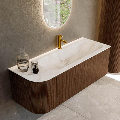 MONDIAZ KURVE-DLUX 125cm badmeubel met module 25 L kleur Walnut met 1 lade en 1 deur. Wastafel BIG MEDIUM rechts 1 kraangat kleur Frappe.
