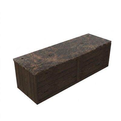 Saniclass Holz Frame Ensemble de meubles de salle de bains - 140x45x43cm - Plan en pierre naturelle Noche dark emperador - 2 trous de robinetterie - 2 tiroirs - chêne charcoal mat (bois)