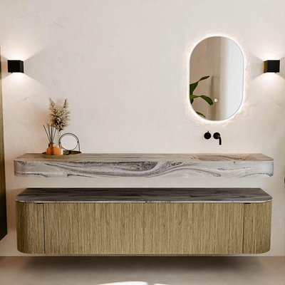 MONDIAZ THOR-DLUX 200cm meuble de salle de bains arrondi gauche + droite couleur Dusk avec 2 tiroirs et 2 portes. Vasque suspendue CLOUD Droite sans trou de robinet couleur Sombra.