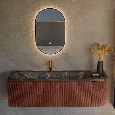 Mondiaz KURVE-DLUX Ensemble de meuble - 145x46x40cm - 1 tiroir - 1 porte - lavabo en solid surface - gauche - 1 trou de robinet - Ruby